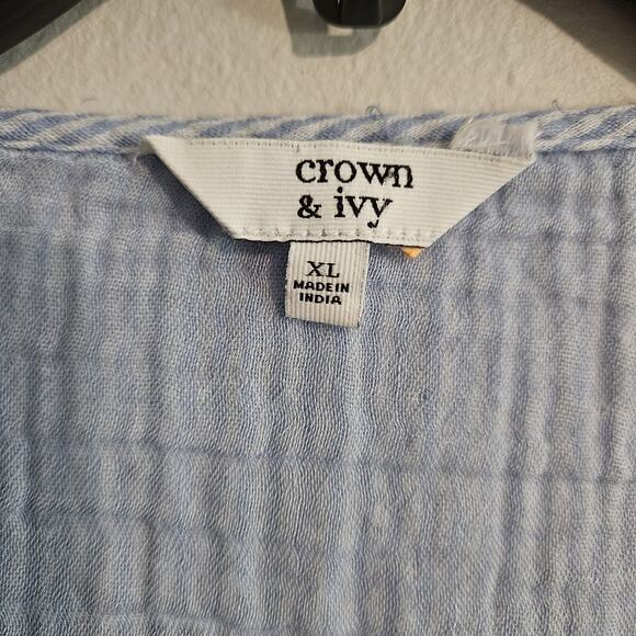 Crown & Ivy Blue White Striped Lime Embroidered Blouse Bell Sleeves Size XL - Picture 7 of 8